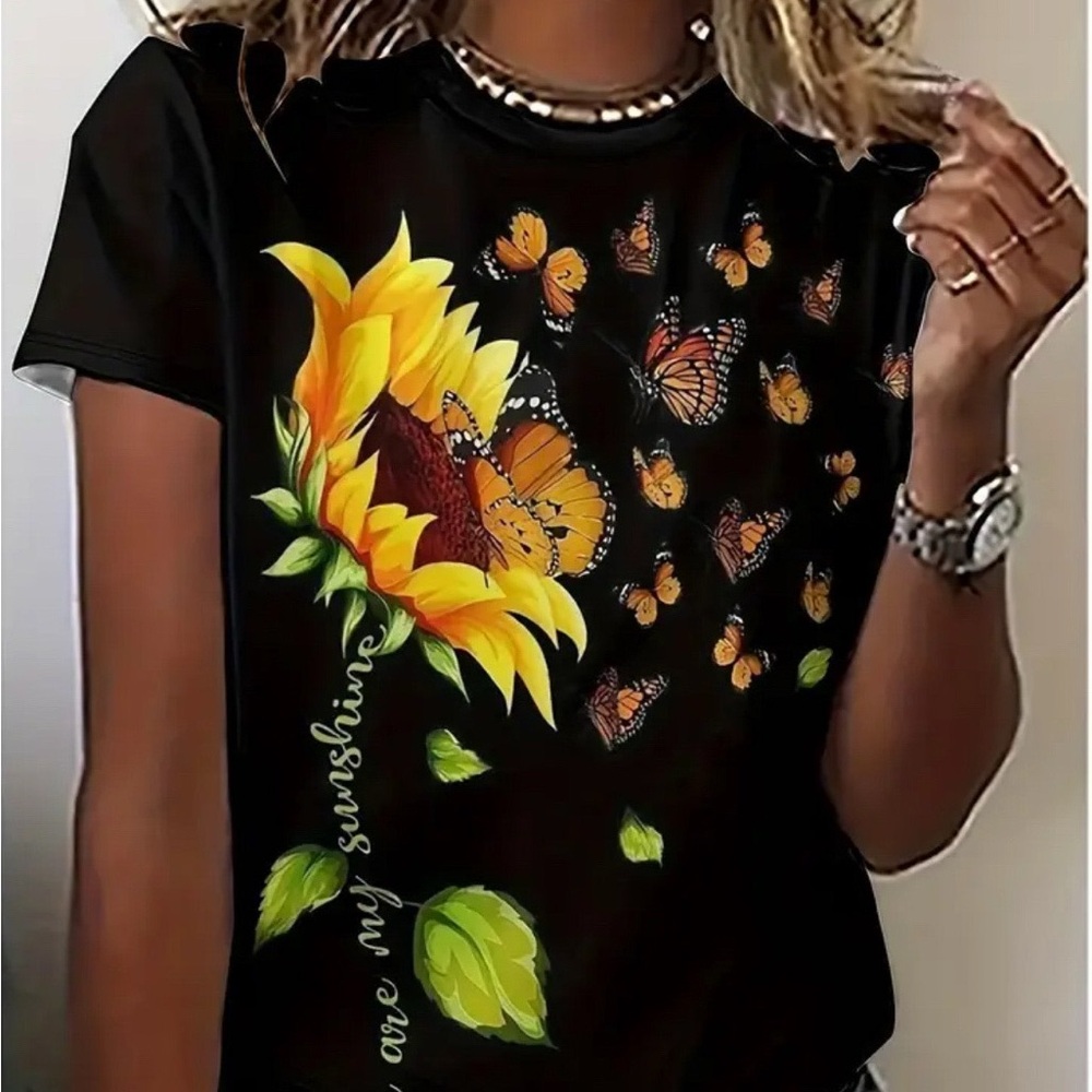 Black Sunflower and Butterfly Graphic Tee